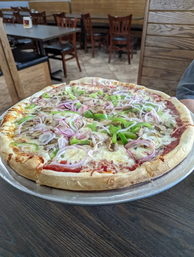 Large Pizza with Mushrooms Green Peppers and Onions